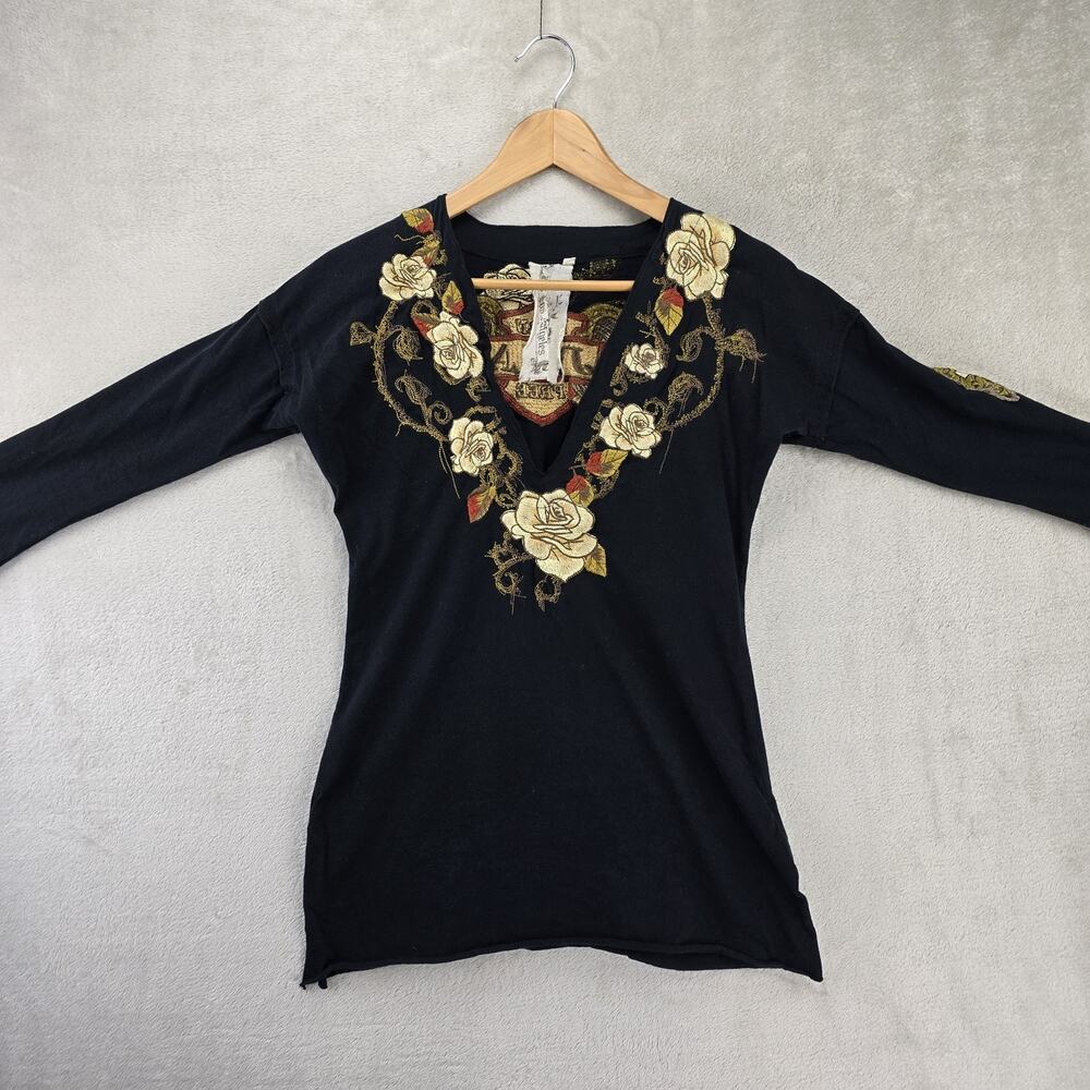 Johnny Was JWLA Embroidered Tunic Top Small Black Born Fee Floral Wings - Picture 2 of 13